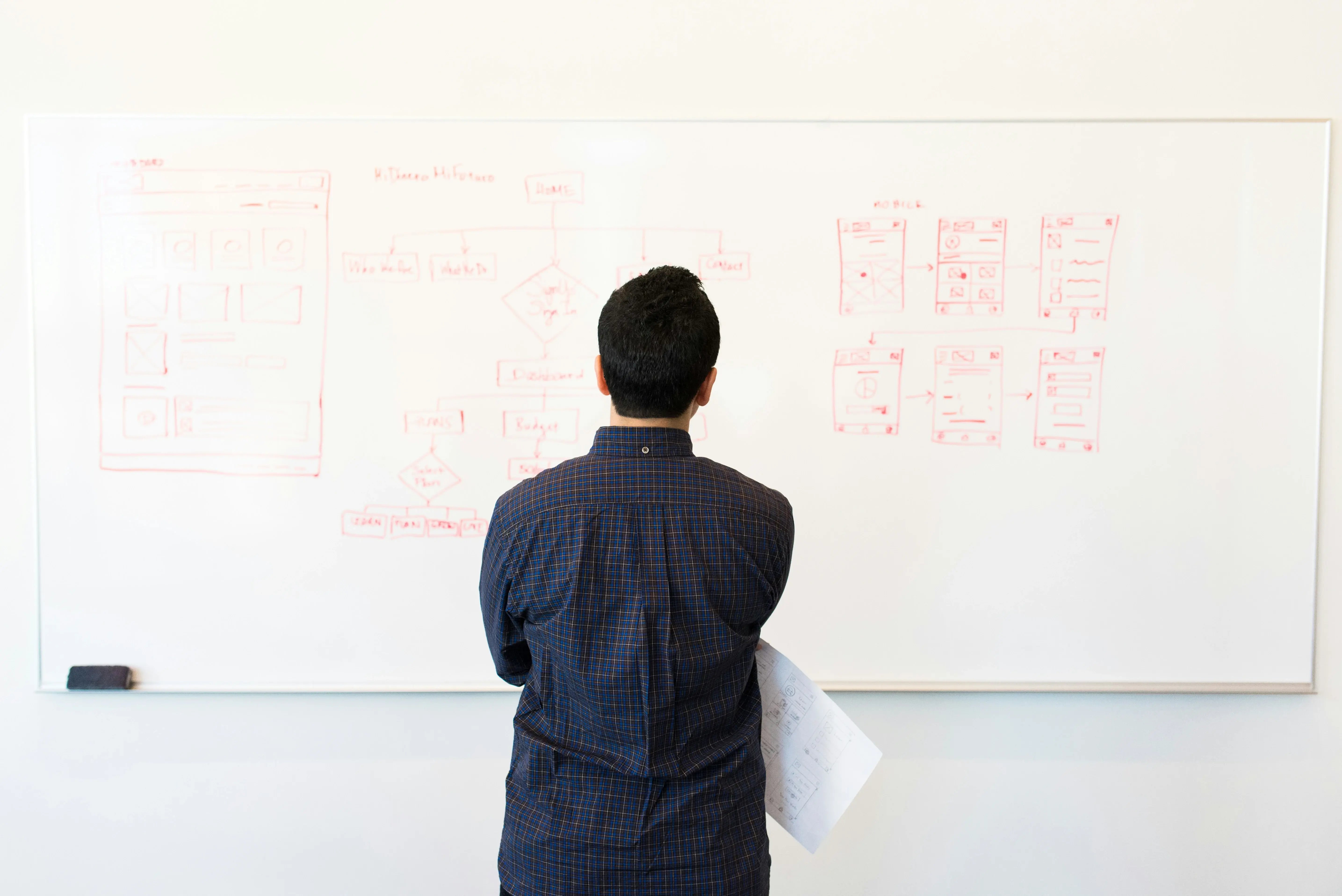 man looking on a whiteboard to solve issue